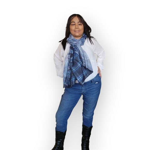 BLUE FLORAL AND PLAID WOMENS SHAWL SCARF - Picture 3 of 6